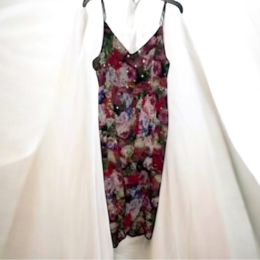Express floral mid length dress with gold polka dots size large